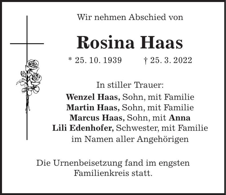 Traueranzeige Rosina Haas