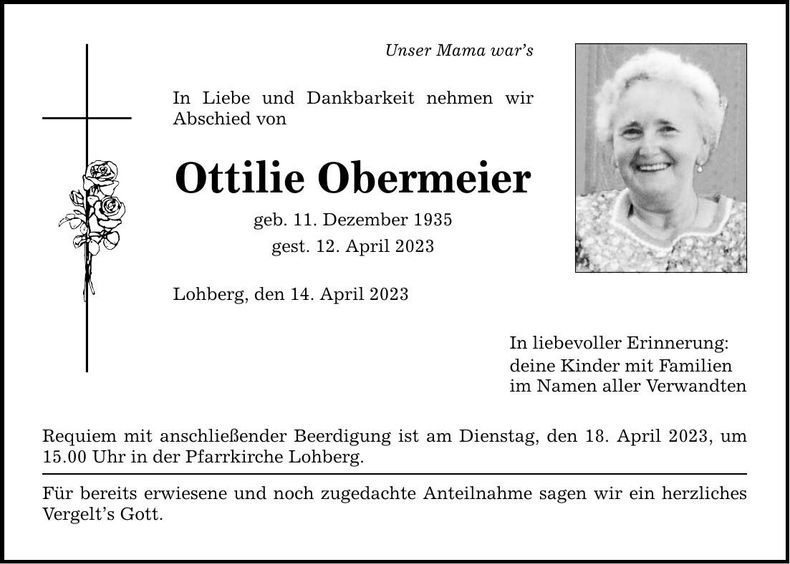 Traueranzeige Ottilie Obermeier