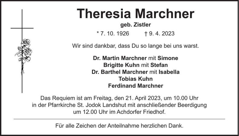 Traueranzeige Theresia Marchner