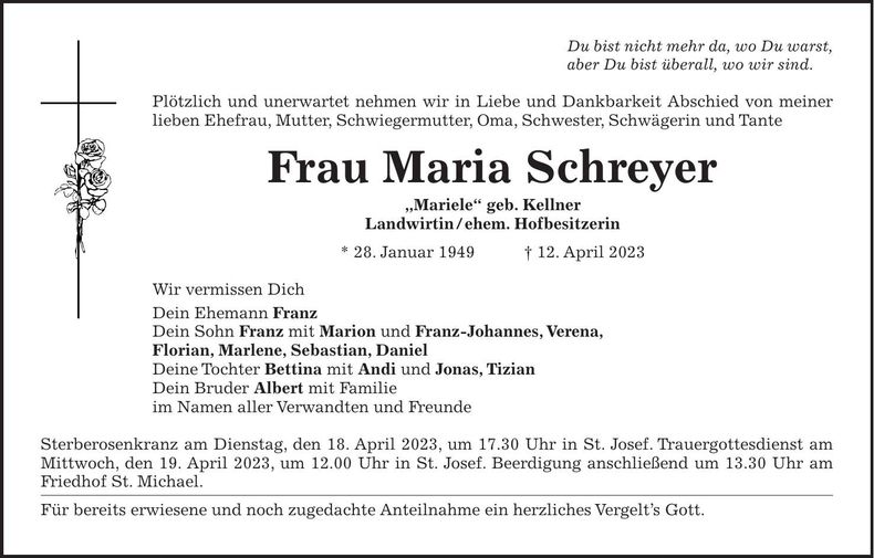 Traueranzeige Maria Schreyer