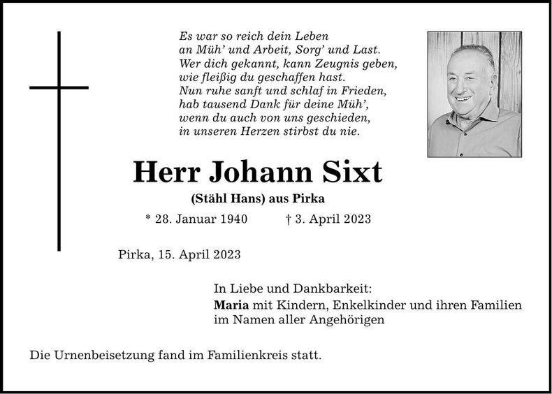 Traueranzeige Johann Sixt
