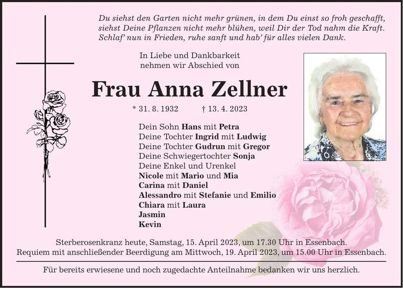 Traueranzeige Anna Zellner
