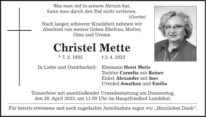 Traueranzeige Christel Mette