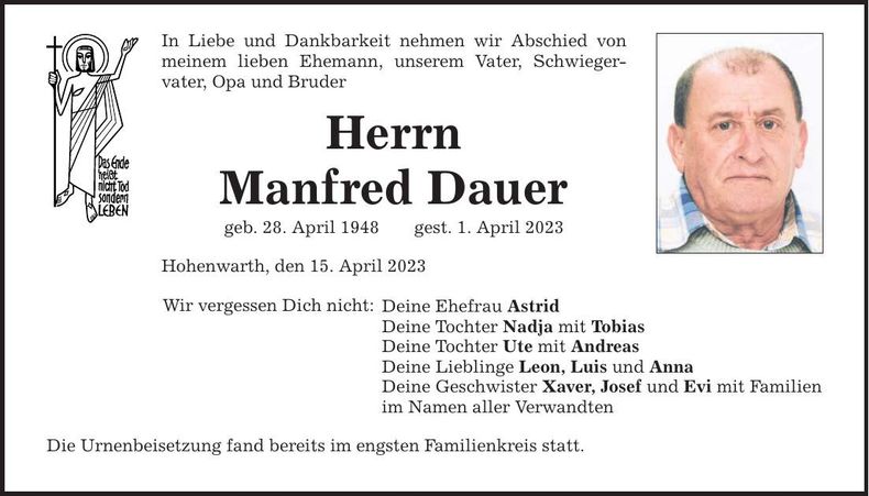 Traueranzeige Manfred Dauer