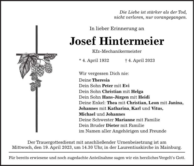 Traueranzeige Josef Hintermeier