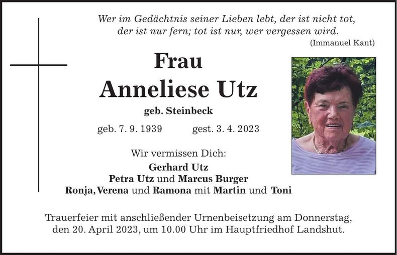 Traueranzeige Anneliese Utz