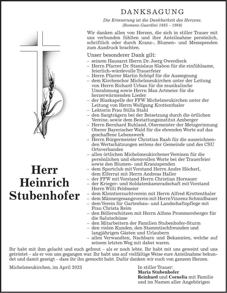 Traueranzeige Heinrich Stubenhofer