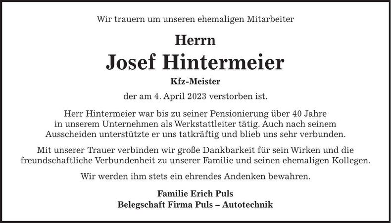 Traueranzeige Josef Hintermeier