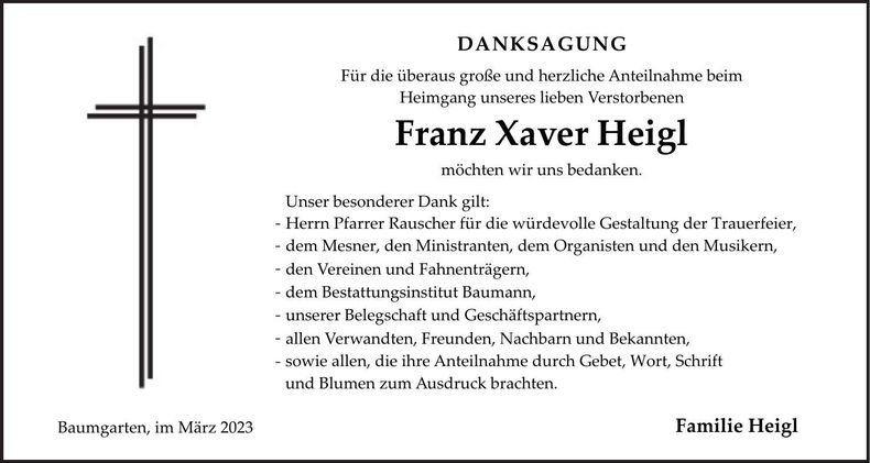 Traueranzeige Franz Xaver Heigl