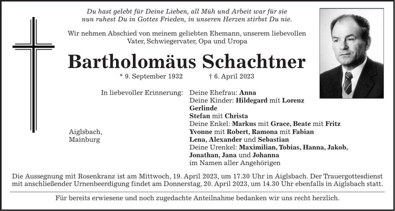 Traueranzeige Bartholomäus Schachtner