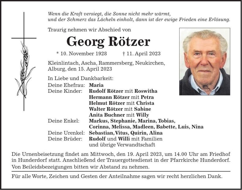 Traueranzeige Georg Rötzer