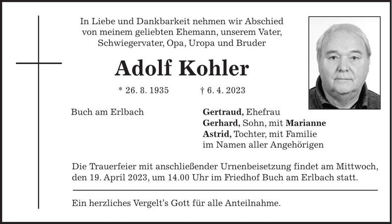 Traueranzeige Adolf Kohler
