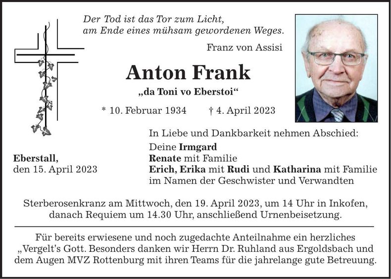 Traueranzeige Anton Frank