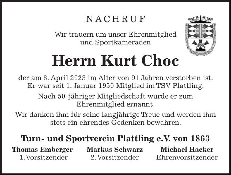 Traueranzeige Kurt Choc