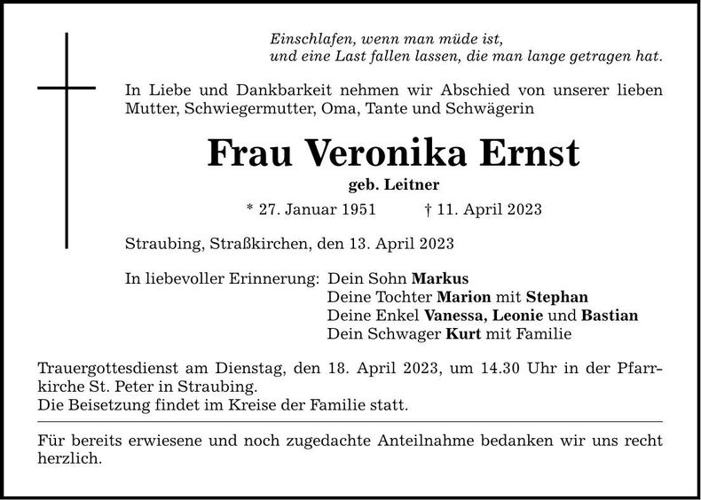 Traueranzeige Veronika Ernst