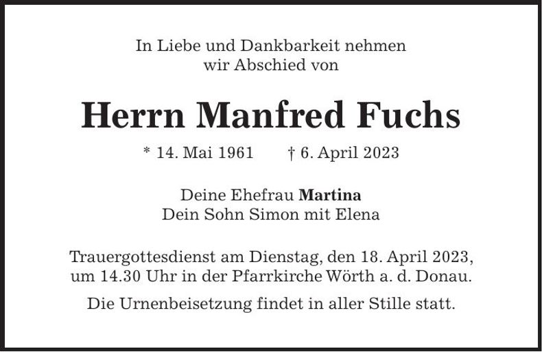 Traueranzeige Manfred Fuchs