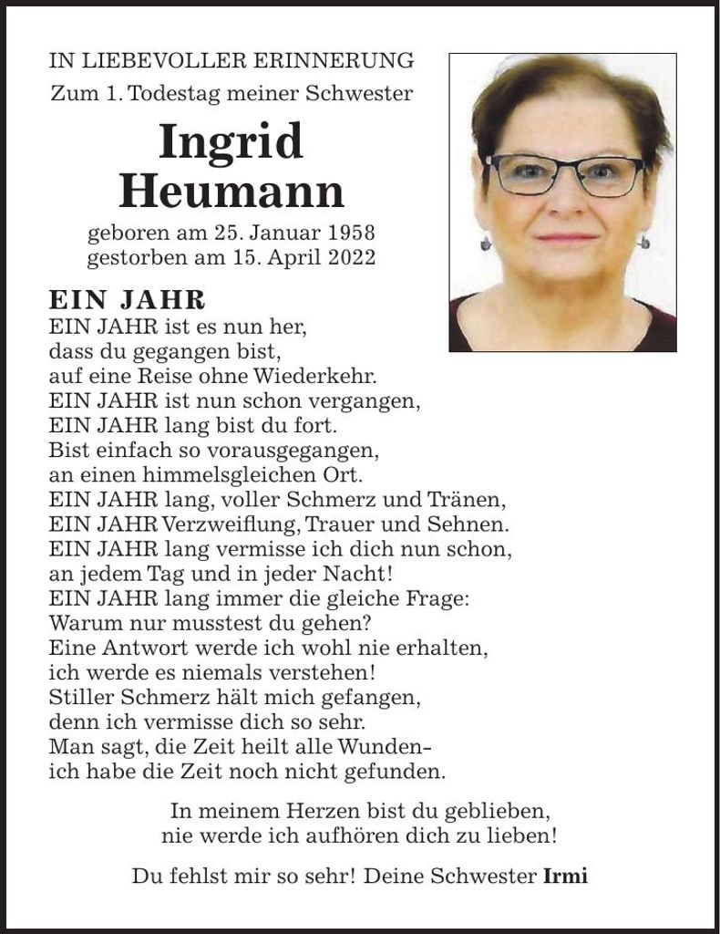 Traueranzeige Ingrid Heumann