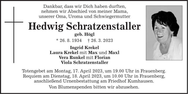 Traueranzeige Hedwig Schratzenstaller