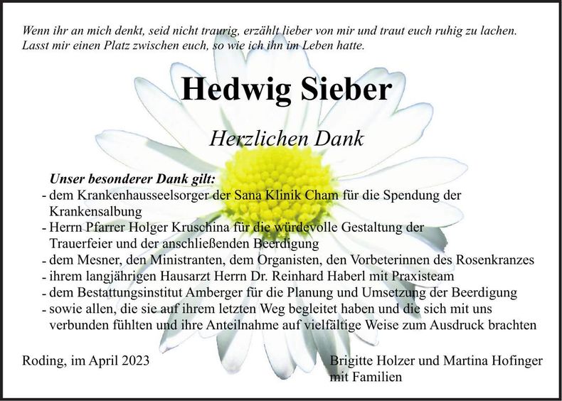 Traueranzeige Hedwig Sieber