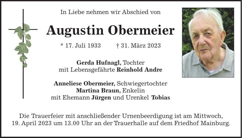 Traueranzeige Augustin Obermeier