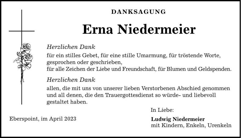 Traueranzeige Erna Niedermeier