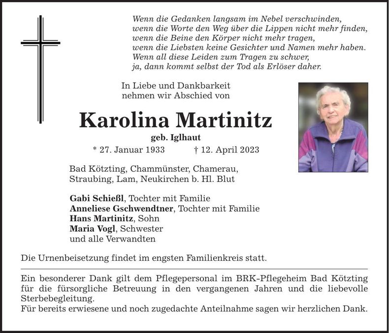 Traueranzeige Karolina Martinitz
