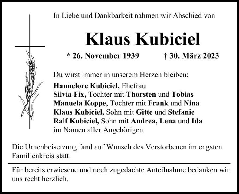 Traueranzeige Klaus Kubiciel