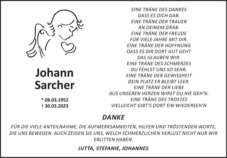 Traueranzeige Johann Sarcher