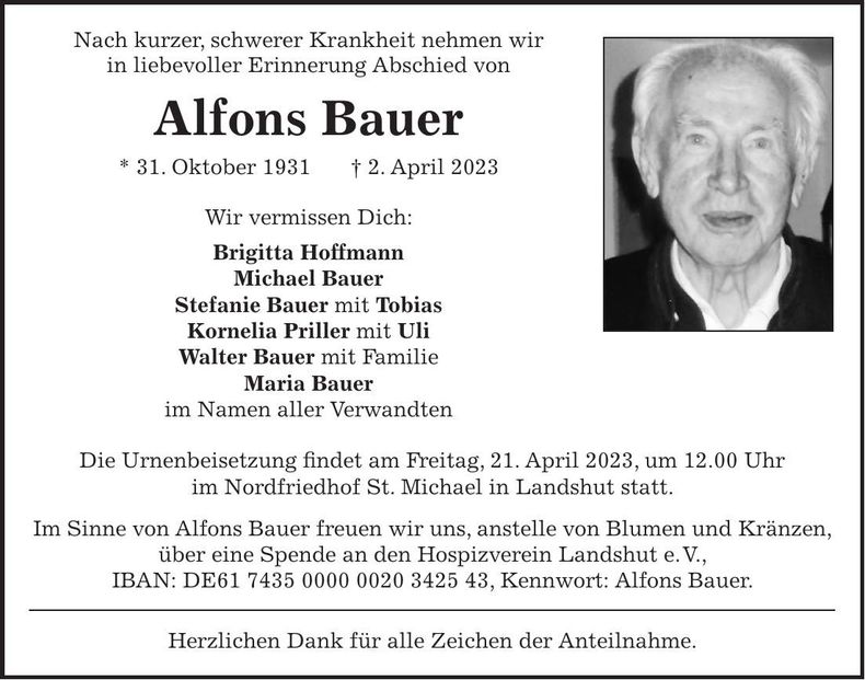 Traueranzeige Alfons Bauer