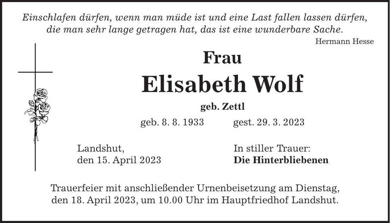 Traueranzeige Elisabeth Wolf