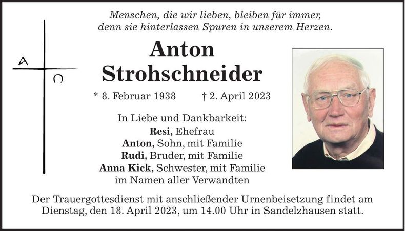 Traueranzeige Anton Strohschneider