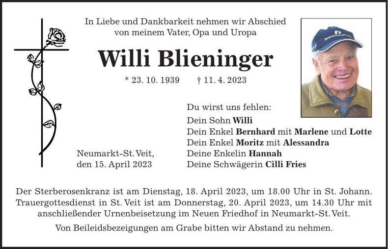 Traueranzeige Willi Blieninger