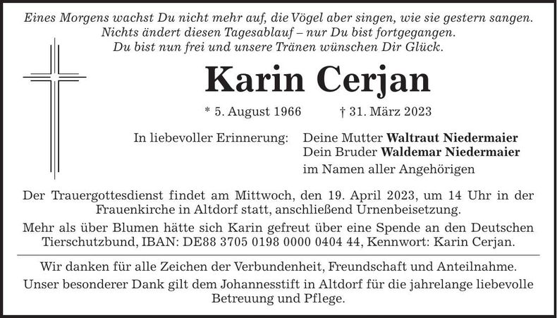 Traueranzeige Karin Cerjan
