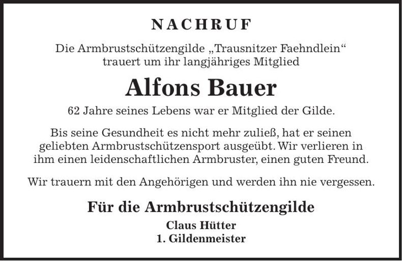 Traueranzeige Alfons Bauer