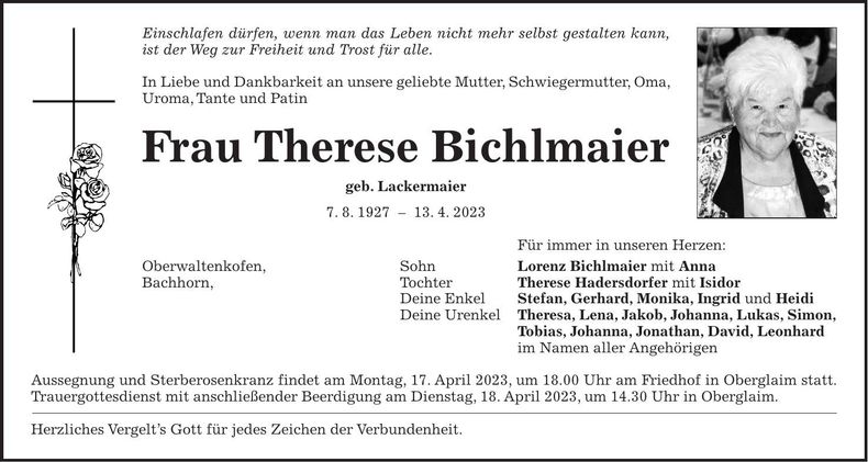 Traueranzeige Therese Bichlmaier
