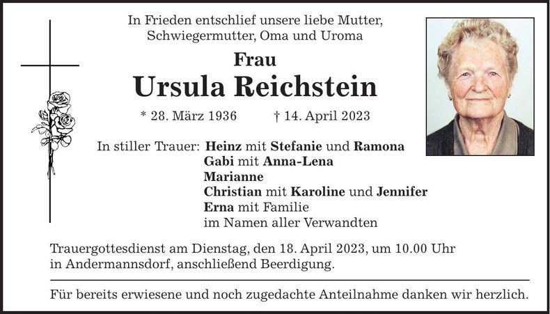 Traueranzeige Ursula Reichstein