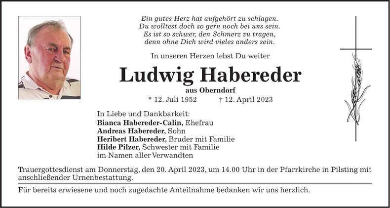 Traueranzeige Ludwig Habereder