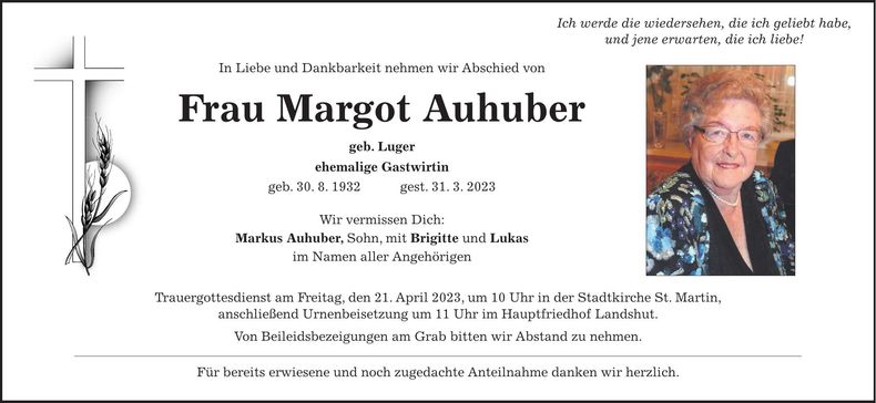 Traueranzeige Margot Auhuber