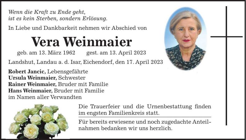Traueranzeige Vera Weinmaier
