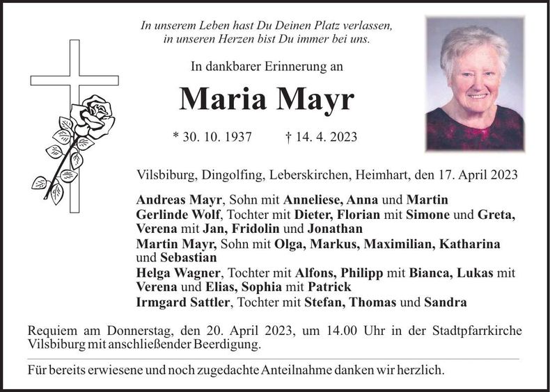 Traueranzeige Maria Mayr