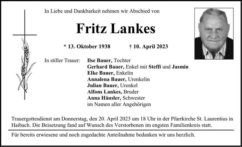 Traueranzeige Fritz Lankes