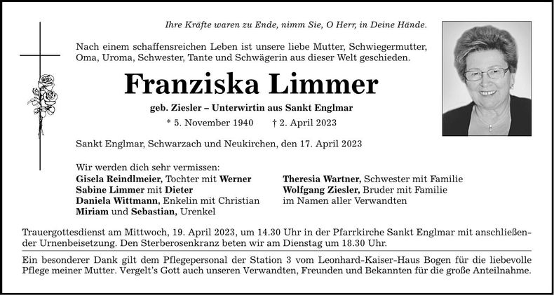 Traueranzeige Franziska Limmer