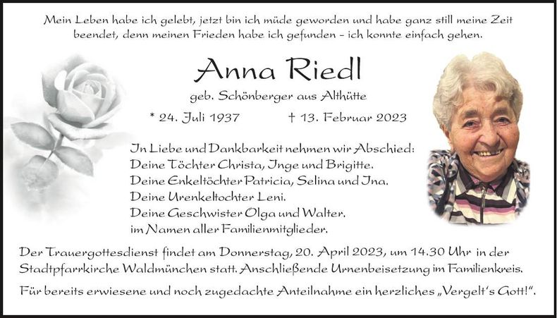 Traueranzeige Anna Riedl