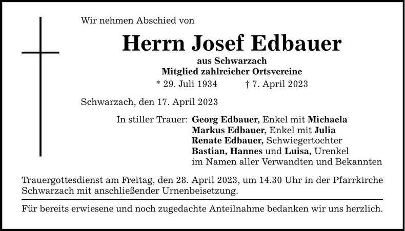 Traueranzeige Josef Edbauer