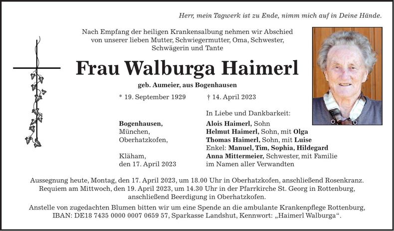 Traueranzeige Walburga Haimerl