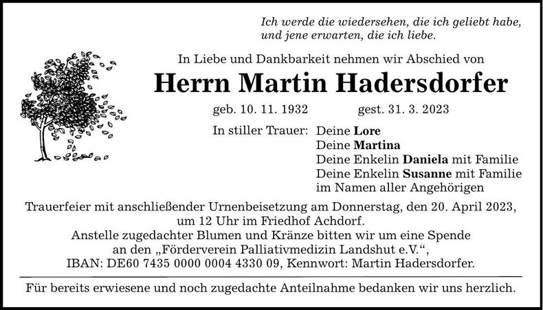 Traueranzeige Martin Hadersdorfer
