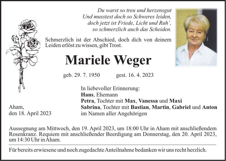 Traueranzeige Mariele Weger