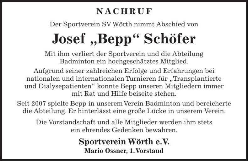 Traueranzeige Josef Schöfer