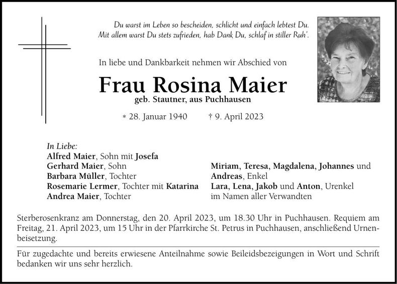 Traueranzeige Rosina Maier
