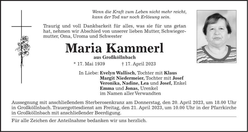 Traueranzeige Maria Kammerl